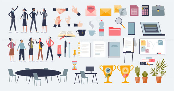 Corporate office elements and workspace stationary tiny person collection set