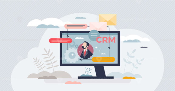 CRM system or customer relationship management software tiny person concept