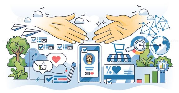 Customer engagement strategies for business growth outline hands concept