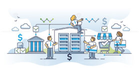 Data driven economy with digital financial system for money outline concept