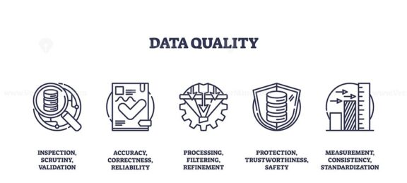 Data quality focuses on accuracy, protection, and standardization with icons of magnifying glass, checklist, and shield. Outline icons set.