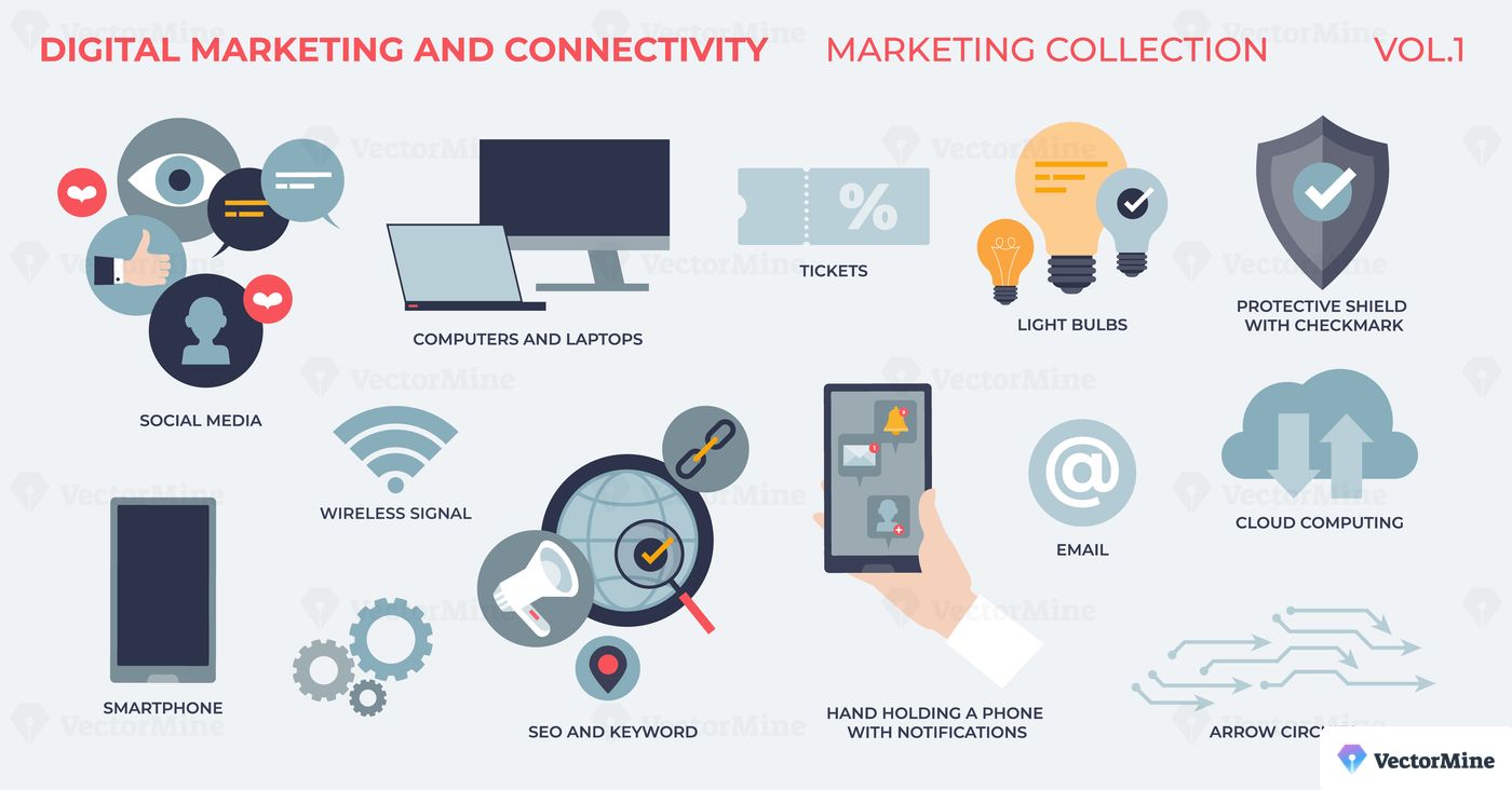 Digital marketing and website connectivity from tiny marketing collection. Labeled social media elements with SEO, keywords, cloud computing and other online communication items vector illustration.
