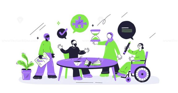 Diversity and inclusion in the workplace depicted with diverse characters collaborating around a table. Playful style