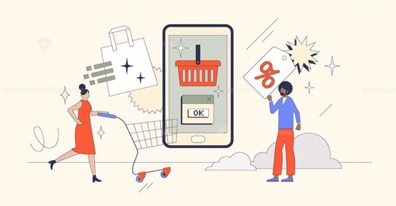 E-commerce as shopping on internet web shops retro tiny person concept