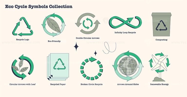 Eco cycle symbols with green arrows in circle tiny neubrutalism collection