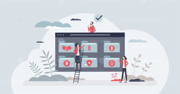Electronic health records or EHR and hospital database tiny person concept