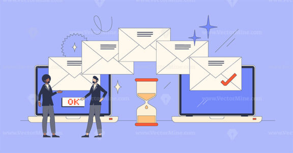 Email automation and message letters sending tool retro tiny person concept
