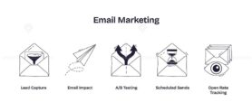 Email marketing features shown with envelopes, paper plane, and hourglass, highlighting lead capture, A-B testing, and tracking. Doodle style icons