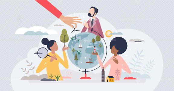 Environmental friendly community and social cooperation tiny person concept