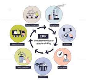 Extended Producer Responsibility cycle shows waste collection, recycling, and manufacturing in a circular process with icons for each stage. Doodle style diagram