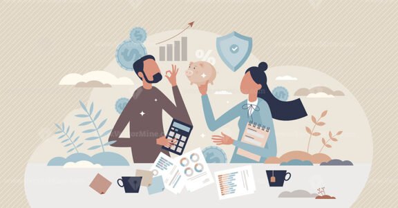 Financial planning and family money budget strategy tiny person concept