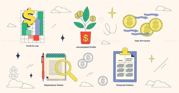 Illustration of financial statements with profit and loss, accumulated profits, and cash movement in neubrutalism style collection.