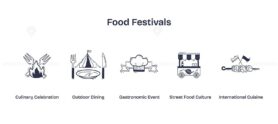 Food festivals feature culinary icons like tents, food trucks, and skewers. Doodle style icons.