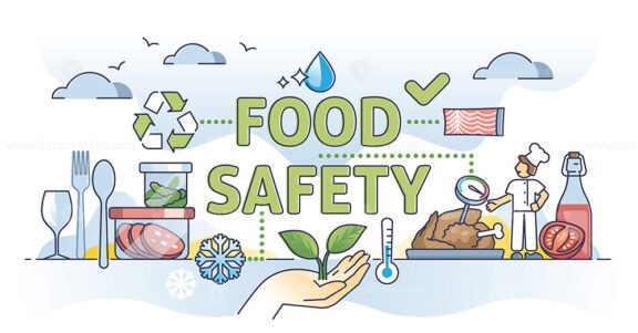Food safety control with cooking and ingredients inspecting outline concept