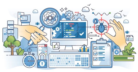 Functional testing and examining bugs in app system outline hands concept