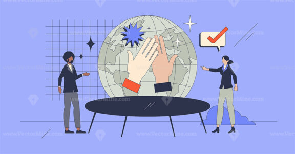 Global business etiquette and social behavior retro tiny person concept