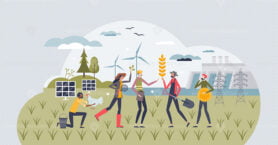 Green jobs and workers with nature sustainable approach tiny person concept