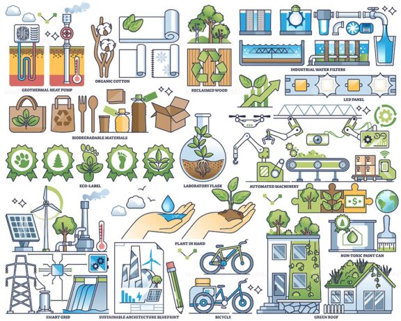 Green manufacturing and sustainable factory elements outline collection set