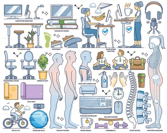 Healthy posture elements with ergonomic pose for spine outline collection set