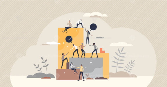 Helping business partners and colleagues for common goal tiny person concept