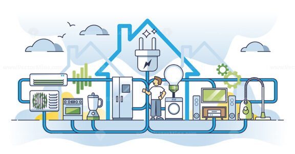 Home energy usage and electricity for household appliances outline concept