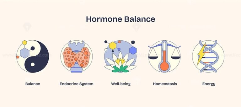 Hormone balance depicted with yin-yang, scales, and DNA helix, symbolizing equilibrium and health. Neubrutalism style