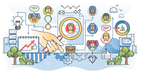 Human resource management and skilled employee leading outline hands concept