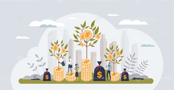 Investment growth garden with green money and profits tiny person concept