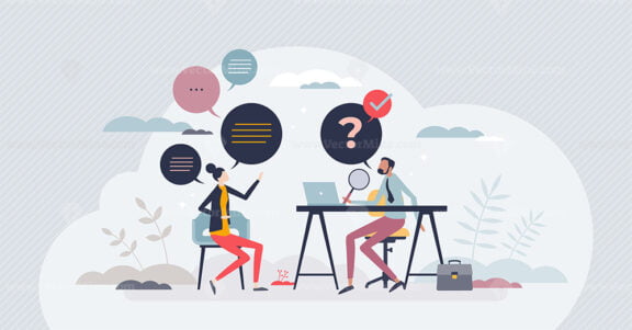 Job interview as human resources talking to candidate tiny person concept