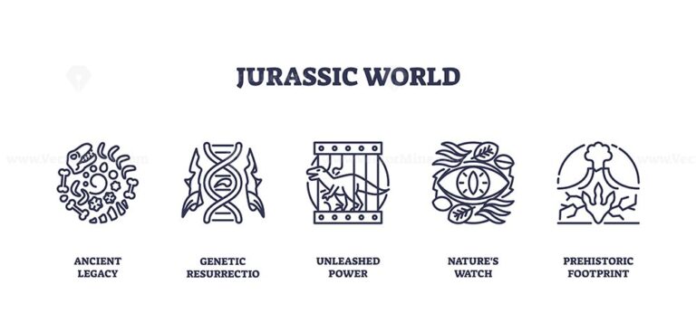 Dinosaurs and DNA strands symbolize evolution and power. Outline icons set