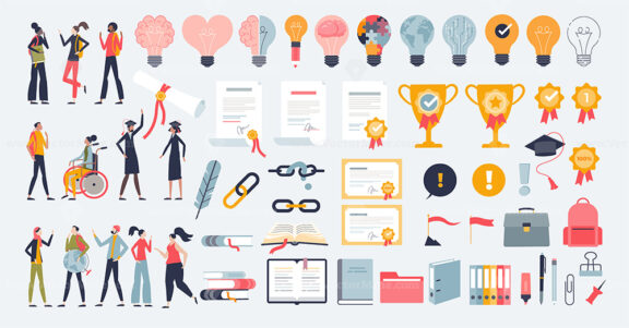 Learning and achievement scene with education tiny person collection set