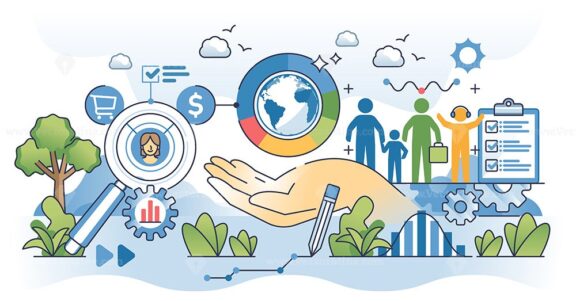 Market segmentation and society behavior analysis outline hands concept