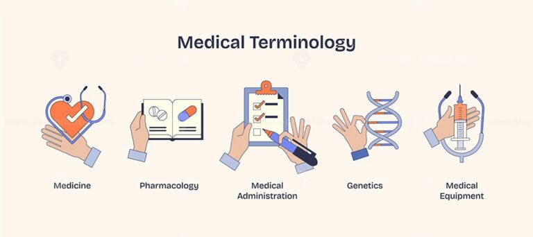 Medical terminology visual with hands holding heart, pills, clipboard, DNA, syringe. Neubrutalism hands concept