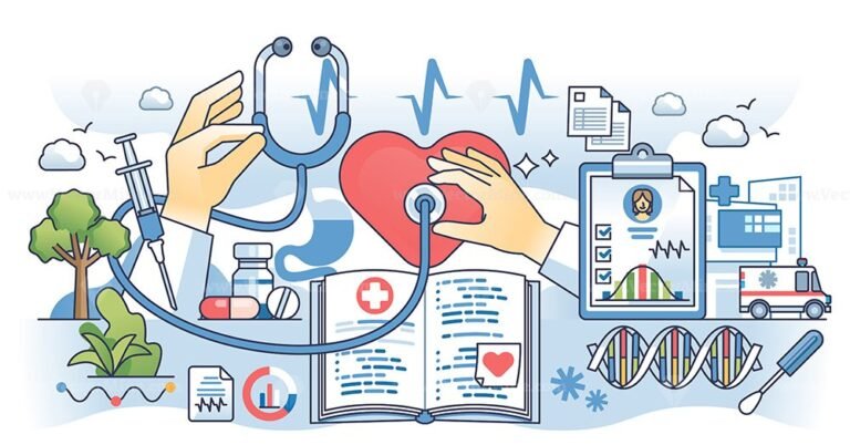 Medical terminology and patient disease history writing outline hands concept