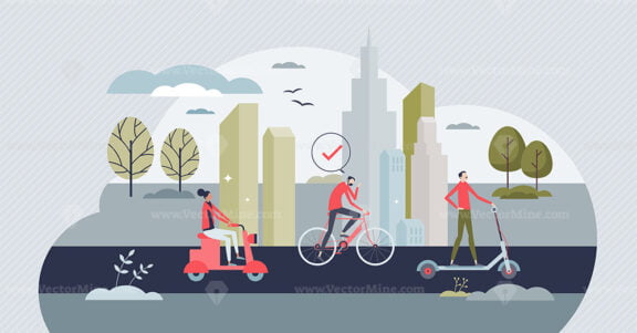 Micromobility as sustainable urban transportation type tiny person concept