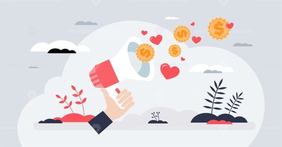 Nonprofit fundraising project with financial aid tiny person hands concept