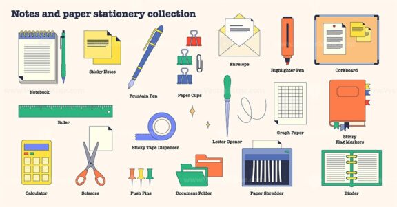 Notes and office paper stationery elements in neubrutalism collection set