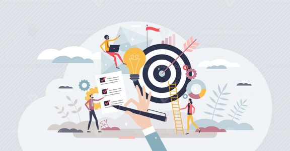 Objective achievement or business goal success management tiny person concept