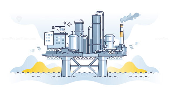 Ocean oil refinery station with crude extraction from ocean outline concept