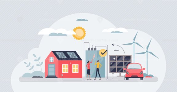 Off the grid lifestyle with independent power source tiny person concept