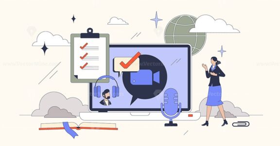 Online coaching and distant mentoring tiny person neubrutalism concept