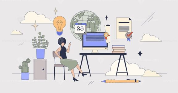 Online degree and university graduation tiny person neubrutalism concept