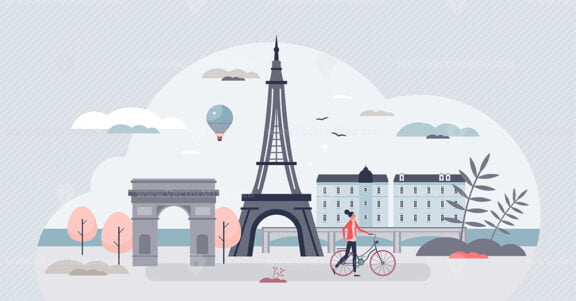 Paris as France capital with famous Eiffel tower and arc tiny person concept