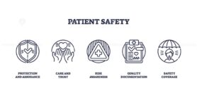 Patient safety is depicted with shield, hands, warning sign, checklist, and umbrella icons, symbolizing protection, care, risk, quality, and coverage. Outline icons set