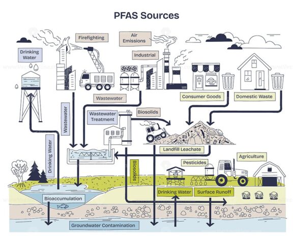 PFAS sources include industrial emissions, consumer goods, and agriculture. Key elements, factories, landfill, water. Doodle style diagram.