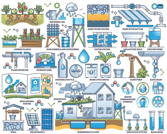 Rainwater harvesting to save drinkable water resources outline collection set