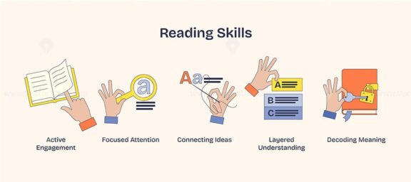Reading skills depicted with hands holding books, magnifying glass, and paper. Neubrutalism hands concept