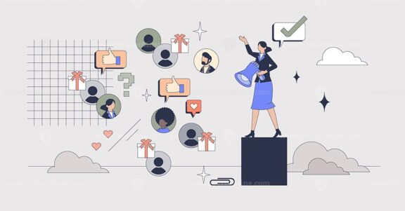 Referral marketing with influencer campaign tiny person neubrutalism concept