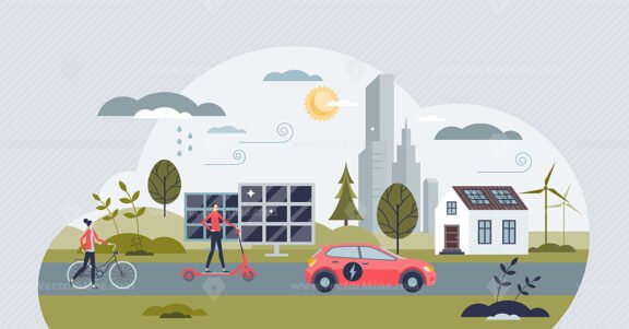 Renewable energy sources and green powered transportation tiny person concept
