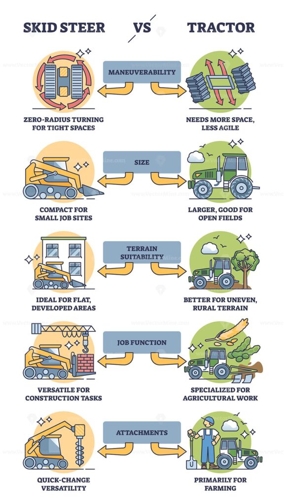 Skid steer vs tractor equipment benefits comparison for tasks outline diagram